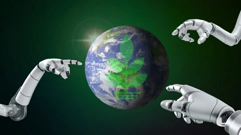 Robots touching global with tree icon, eco friendly protecting environmental Stock Footage 238966098