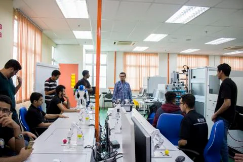 Robots used for learning inside the robotic laboratory in MJIIT. Stock Photos
