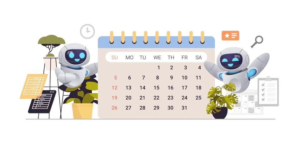 Robots using calendar planning day scheduling appointment time management イラスト素材