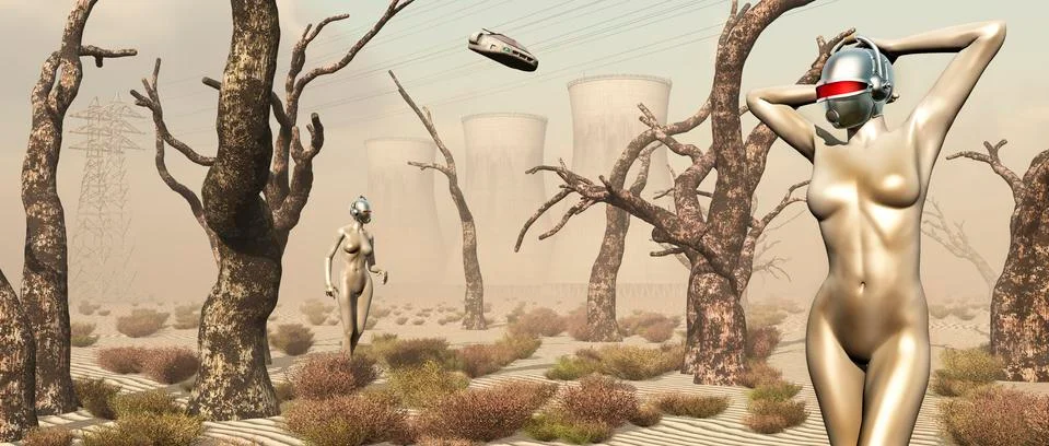 Robots walking about a landscape destroyed by pollution. Stock Illustration