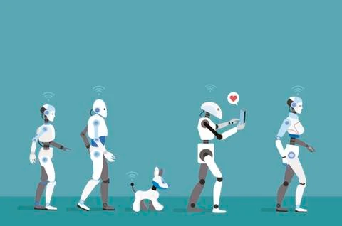 Robots Walking with Turquoise Background Stock Illustration