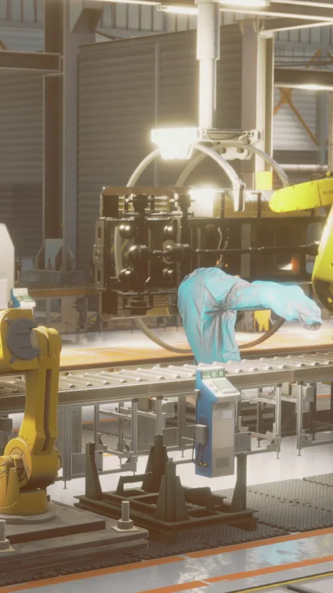 Robots work on assembly line in factory during daytime Stock Footage 334259030