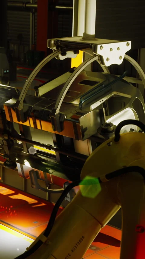 Robots work on assembly line in factory during nighttime operations Stock Footage 339044040