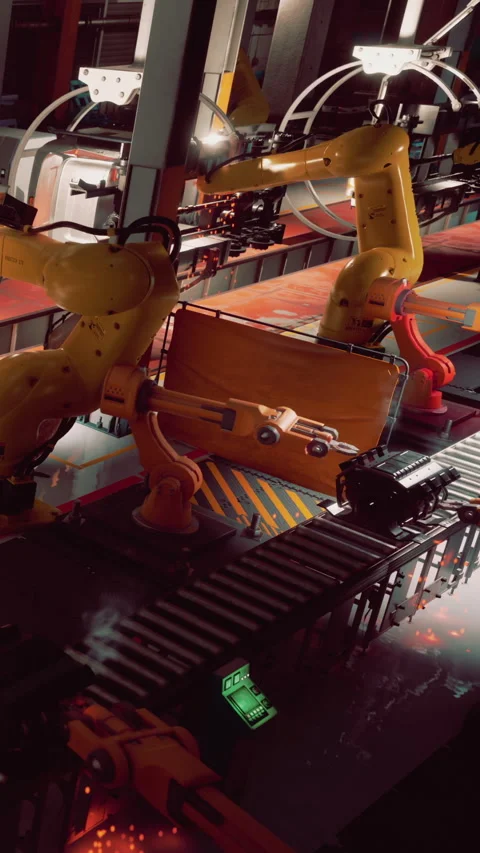Robots work on an assembly line in a factory during daylight hours Stock Footage 339770649
