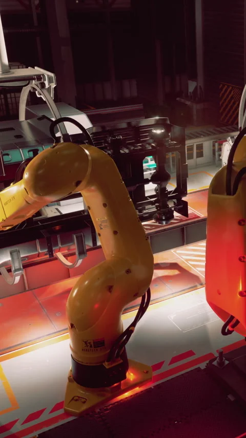 Robots work on assembly line in factory during industrial process Stock Footage 339772236