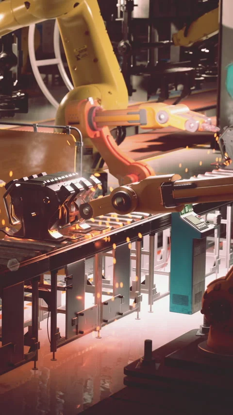 Robots work on assembly line in factory during day Stock Footage 341054657