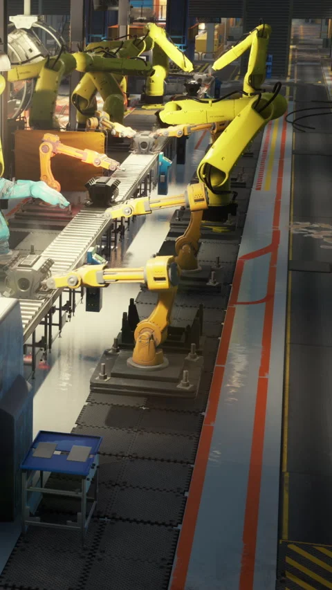 Robots work on assembly line in modern factory during daytime hours Stock Footage 339097999