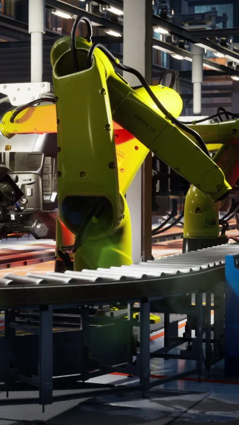 Robots work on assembly line in modern factory during daytime Stock Footage 340637742