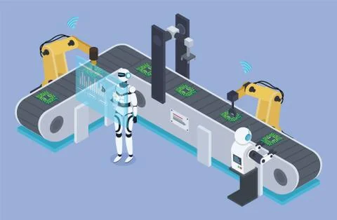 Robots Work on Automated Production, Conveyor Illustrazione stock