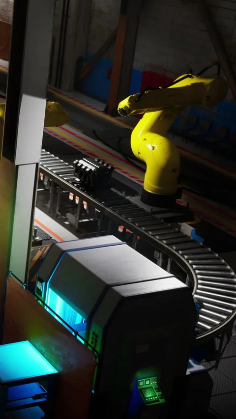 Robots work on conveyor in manufacturing plant during night shift Vidéo 339039870