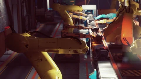 Robots work in a factory to assemble products using automation technology Stock Footage 343495125