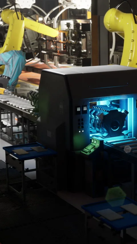 Robots work in a factory during the day to complete manufacturing tasks Stock Footage 339039632