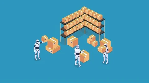Robots work in a manufacturing warehouse 3d animation in 4K UHD 3840x2160 Stock Footage 233961837