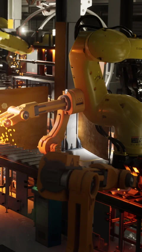 Robots work on a production line in a factory during day hours Stock Footage 342149824