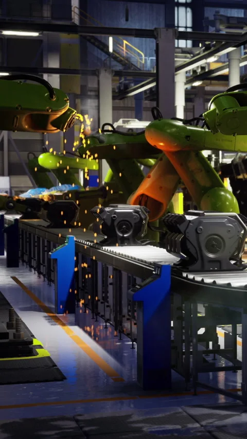 Robots work together to assemble parts in a vibrant factory setting Stock Footage 331694469
