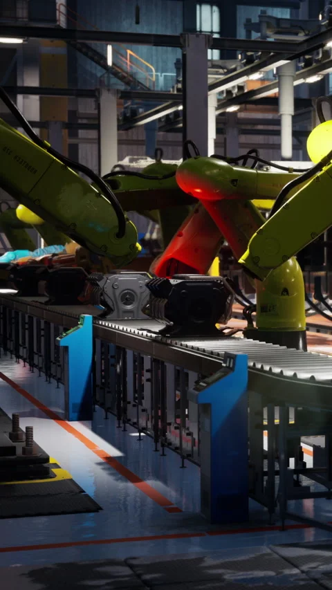Robots work together in a factory during daytime to assemble parts Stock Footage 339105757
