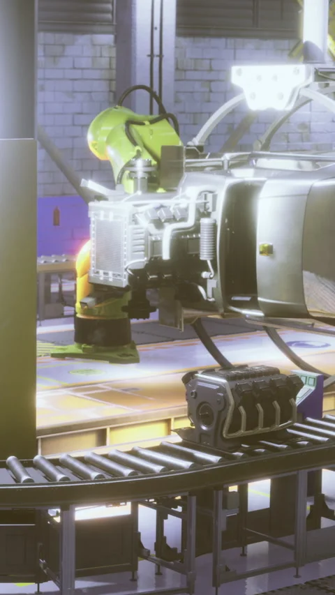 Robots working on an assembly line in a factory environment during daytime Stock Footage 334263769