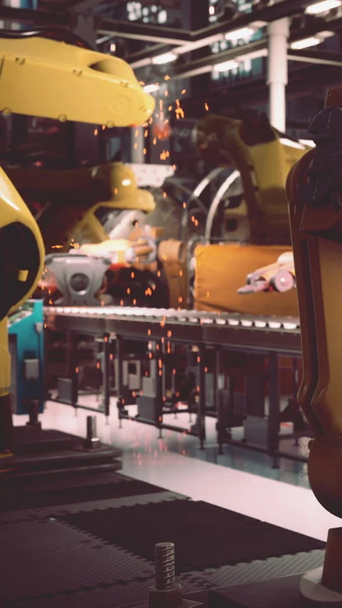 Robots working on assembly line in a factory setting during daytime hours Stock Footage 338345362
