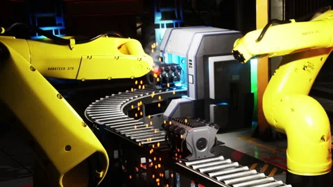 Robots working on assembly line in a manufacturing plant Stock Footage 343926178