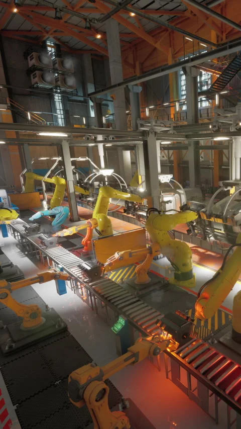 Robots working on an assembly line in a modern manufacturing facility Stock Footage 339783250