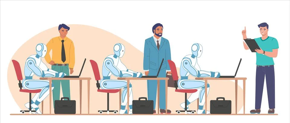 Robots working on computers performing tasks, flat vector illustration. AI and Stock Illustration