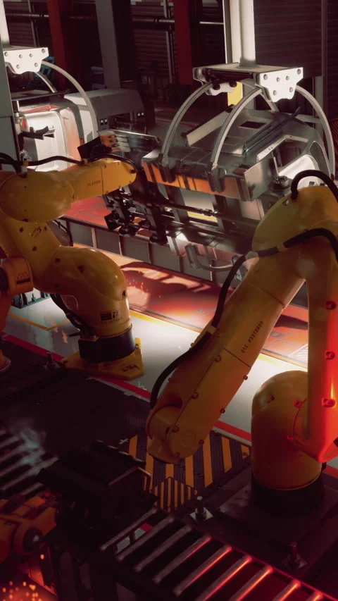 Robots working in a factory during automation process in daylight hours Stock Footage 341055618