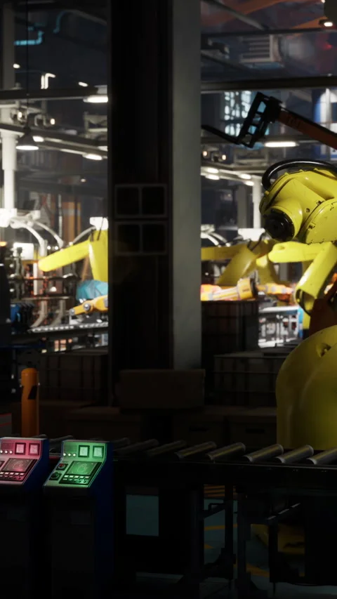 Robots working in a factory at night with bright lights in the background Stock Footage 342130984