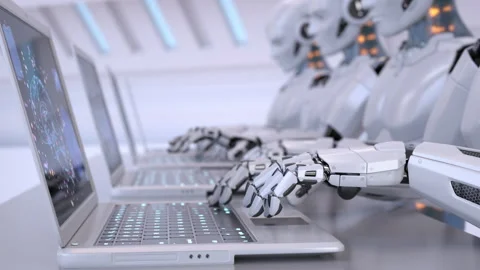 Robots working with laptops Stock Footage 165301075