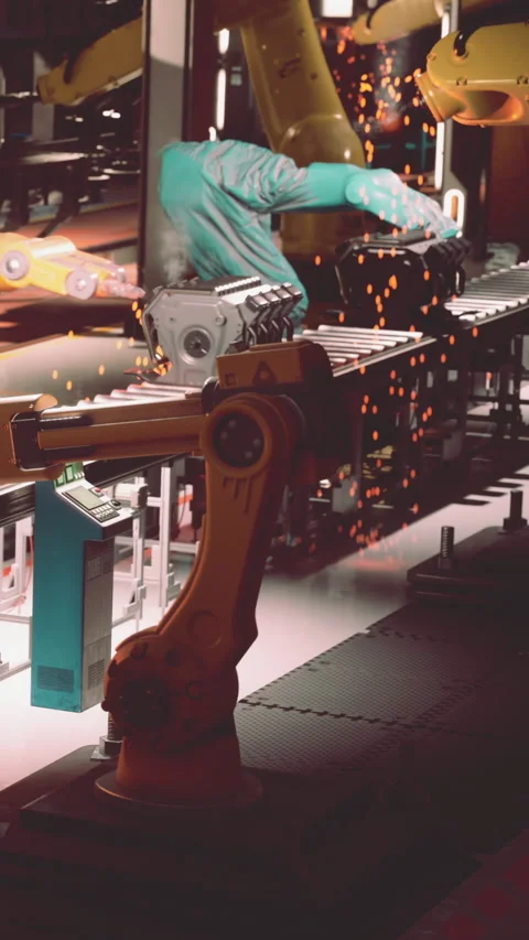Robots working on a production line in a factory setting during daytime Stock Footage 339781345