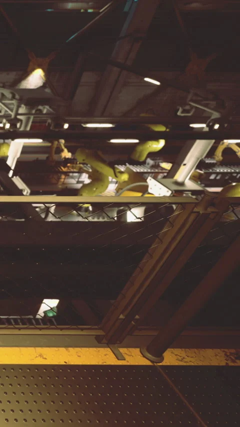 Robots working tirelessly in a bustling industrial environment late at night Stock Footage 331835208