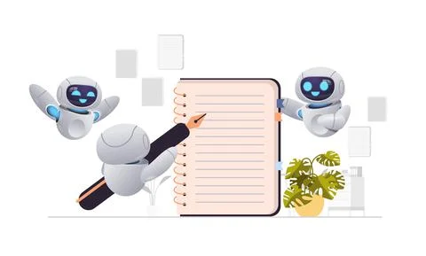 Robots writing in notebook robotic characters planning on note control list on Stock Illustration