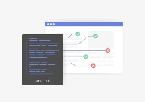 Robots.txt for SEO - controlling crawling and indexing website concept. Create Stock Illustration