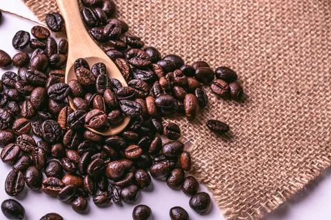 Robusta coffee beans on sackcloth Stock Photos
