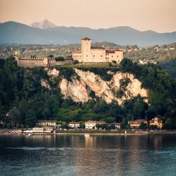 Rocca di Angera castle  square format Lake Maggiore sunset Lombardy region .. Stock Photos