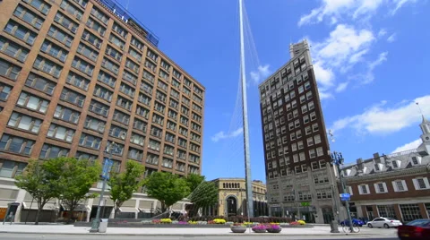 Rochester New York NY downtown East Avenue and Main Street with new Liberty Pole Stock Footage