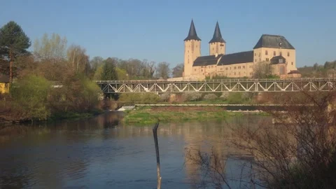 Rochlitz Castle and Railway Bridge over the Zwickauer Mulde River in Saxony Stock Footage 345254538