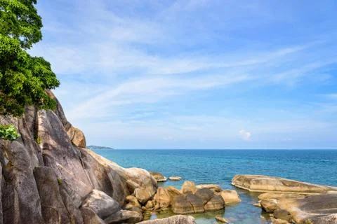 Rock and the blue sea at Koh Samui Stock Photos