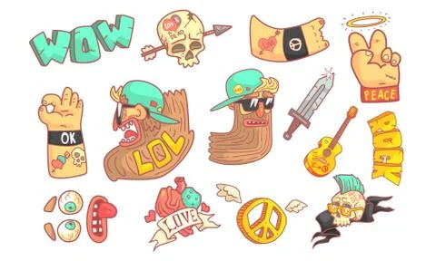 Rock and Roll Music Elements Set, Funny Crazy Mature Rocker Character, Music Illustrazione stock
