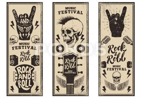 Rock and roll party flyers template. Vintage guitars, punk skull, rock and ro Stock Illustration