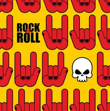 Rock and roll seamless pattern. Background of Skull and rock hand sign. Stock Illustration