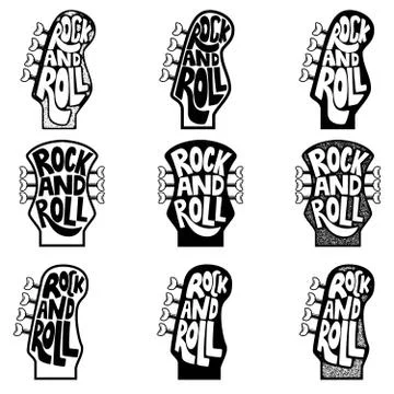 Rock and roll. Set of hand drawn phrase on guitar neck head back 스톡 일러스트