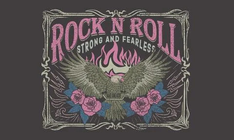 Rock and roll vector t-shirt design. Fire with eagle artwork. Stock Illustration