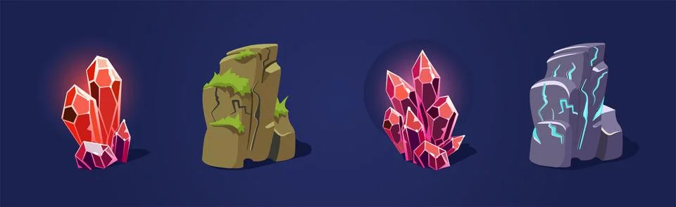 Rock and Solid Stone as Game Element Isolated on Blue Background Vector Set Illustrazione stock