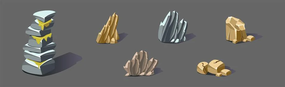 Rock and Solid Stone as Game Element Isolated Vector Set Stock Illustration