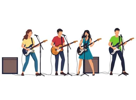 Rock band performance featuring four members playing electric guitars and s.. Stock Illustration