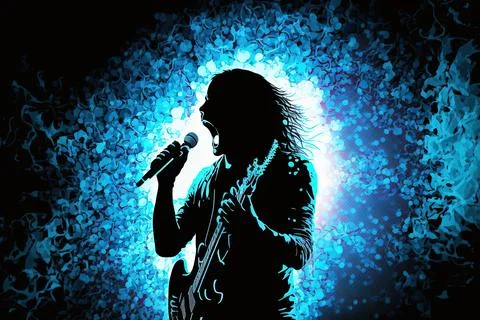 Rock band vocalist silhouette playing guitar and singing into microphone with Stock Illustration