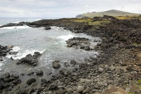 Rock beach at Easter Island, Rapa Nui, Pacific Ocean Stock Photos