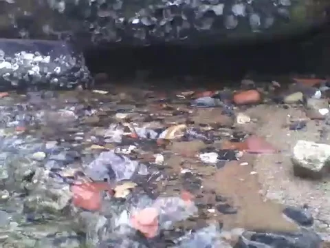The rock on the beach forms a waterfall that goes towards the sea, beautiful Stock Footage 162686242