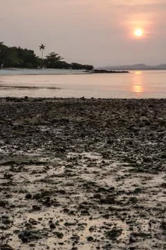 Rock beach sunset Stock Photos