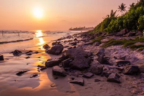 Rock beach at sunset Stock Photos